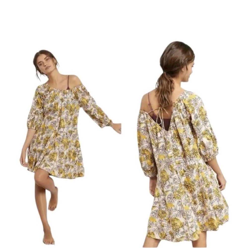 Anthropologie Daily Practice‎ Mollie Floral Mini Dress Mustard Boho 3/4 Sleeve M